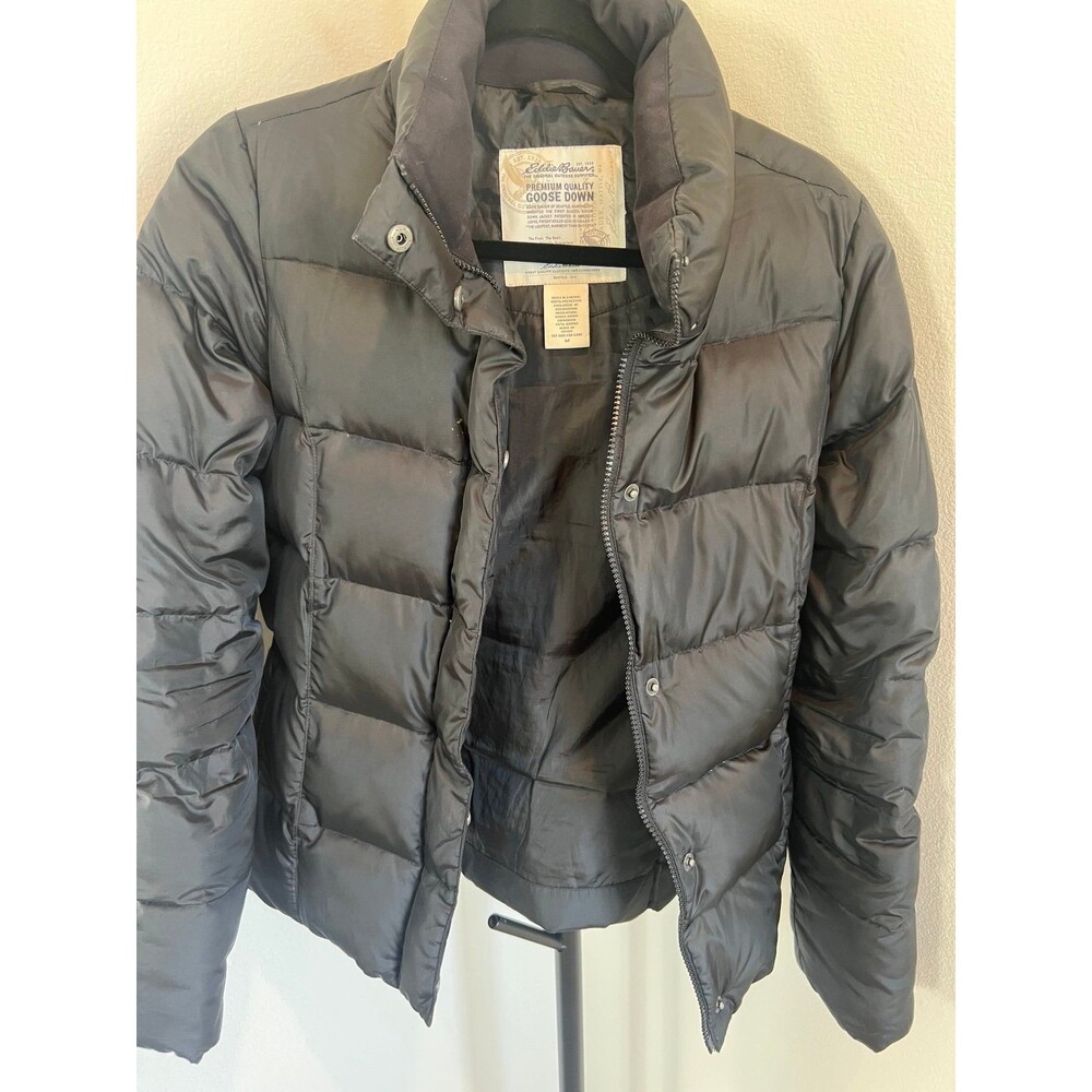 Eddie Bauer Jacket Womens M Black Full Zip Goose Down Quilted Puffer Coat